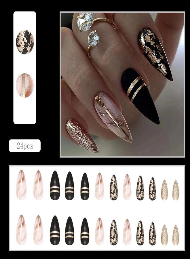 BSBTBZ Black Almond Press on Nails Medium Length Gold Foil Fake Nails with Gold Foil Glitter Line Designs Glossy Coffin Nails Full Cover Nail Tips Glue on Nails Artificial Acrylic False Nails for Women 24Pcs - Image 2